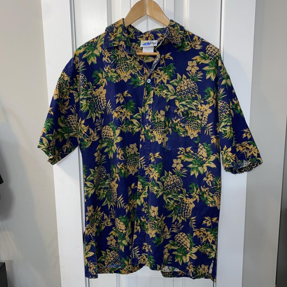 Vintage The Men's Store Navy Blue‎ And Gold Floral Pineapple Hawaiian Shirt